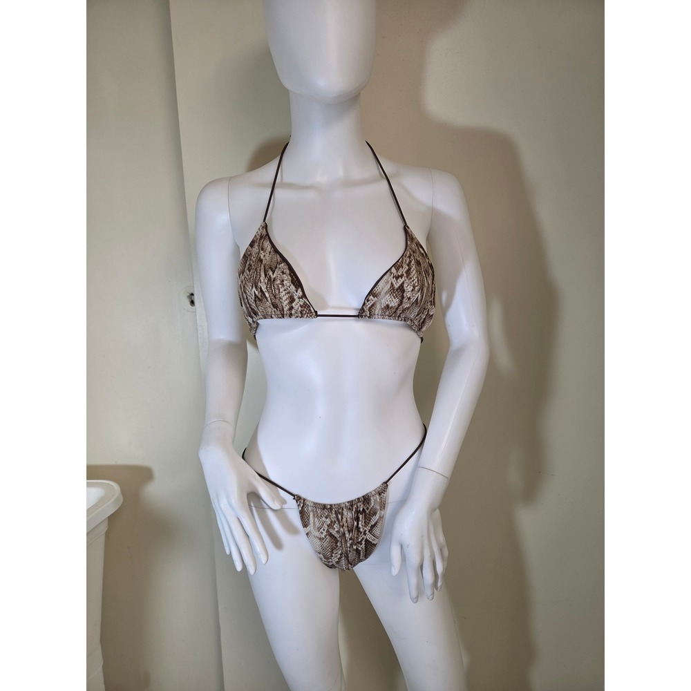 Pearl Mai micro bikini Womens XS Snakeskin Print Triangle Bikini‎ Set Brown
